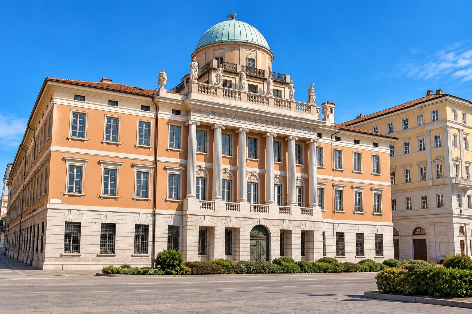 La facciata principale con il colonnato, la cupola e le statue