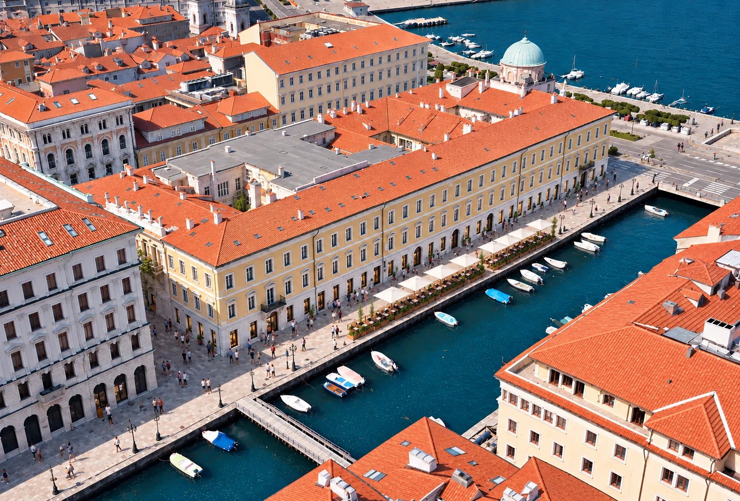 Veduta dall’alto del Palazzo sul Canal Grande, con i tavolini all’aperto lungo la riva e il mare sullo sfondo